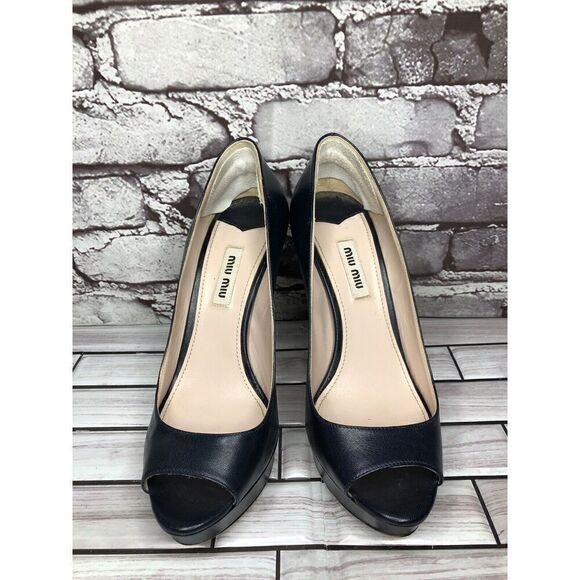 Miu Miu Blue Leather Peep Toe Platform Stiletto Heels Women’s Sz 37EU/6.5M US - Picture 2 of 16